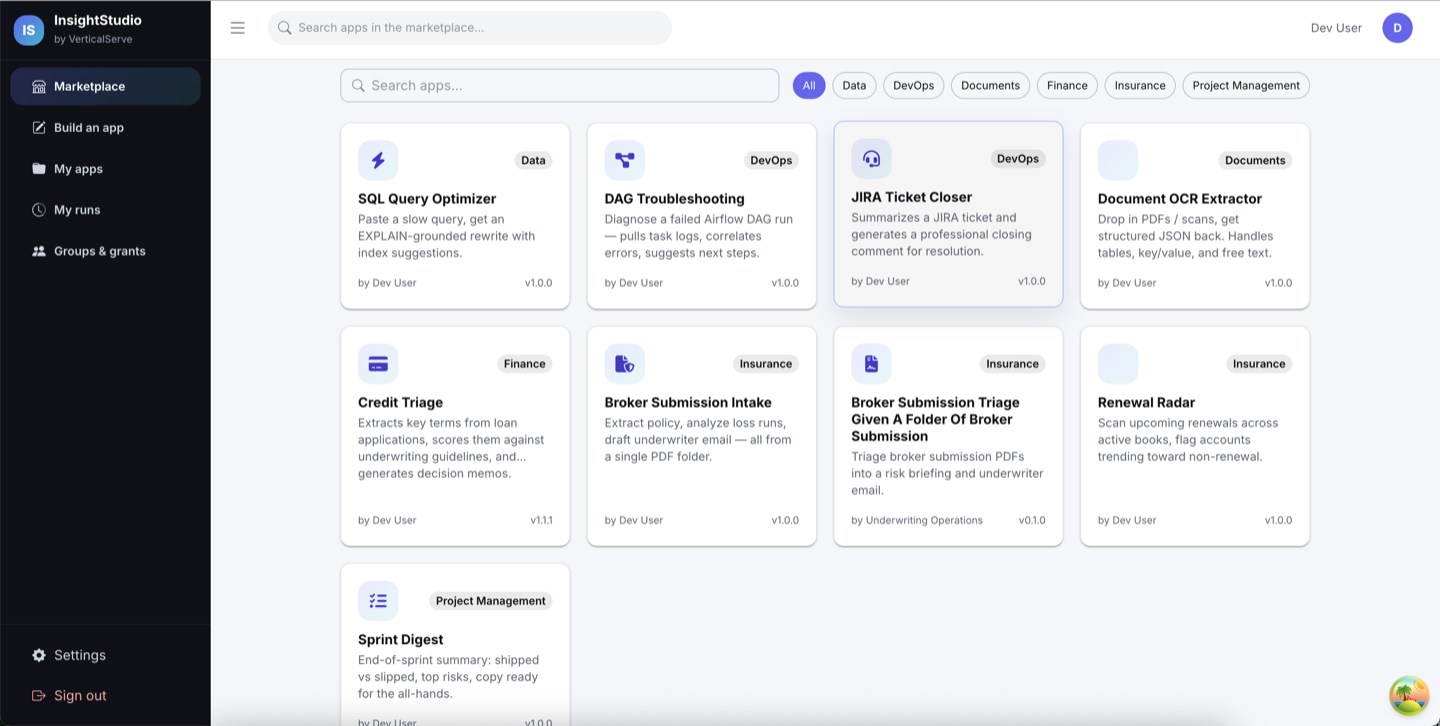 InsightStudio marketplace — apps grouped by category with search, filter chips, and per-app access state